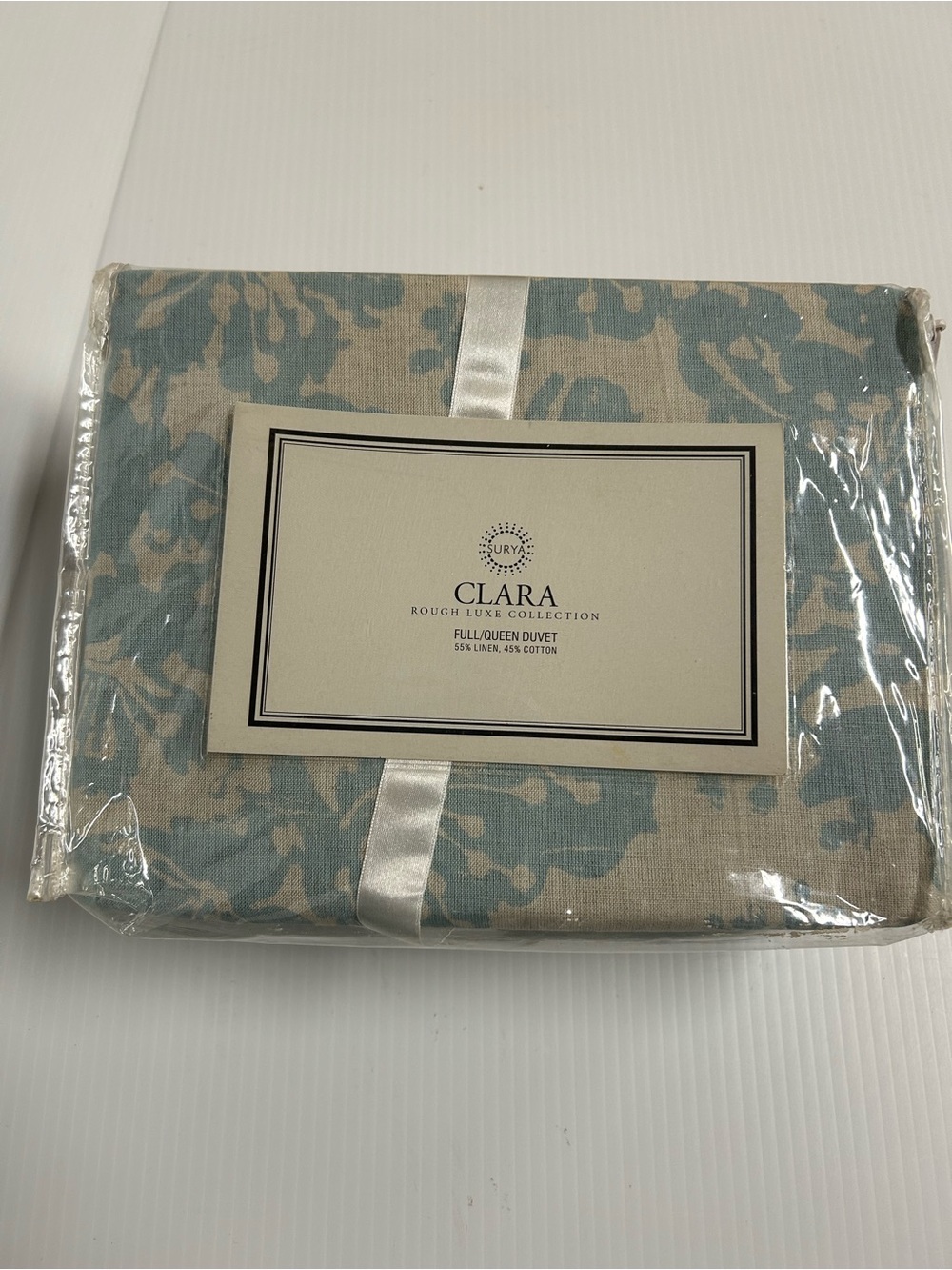 Surya Full Queen Duvet Clara Rough Luxe Blue Floral Linen Cotton 88x92 NEW